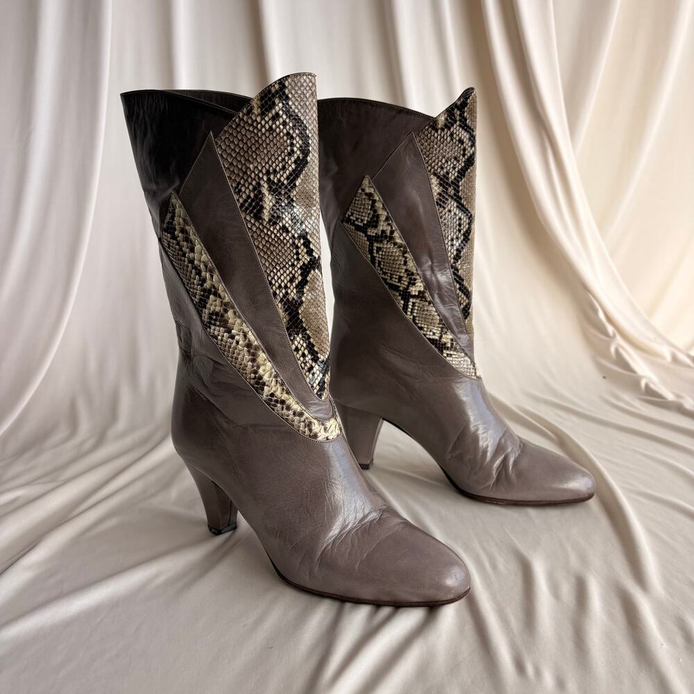Bruno Magli Color-Block Mid-Calf Boots - Grey & Snakeskin, EU 36
